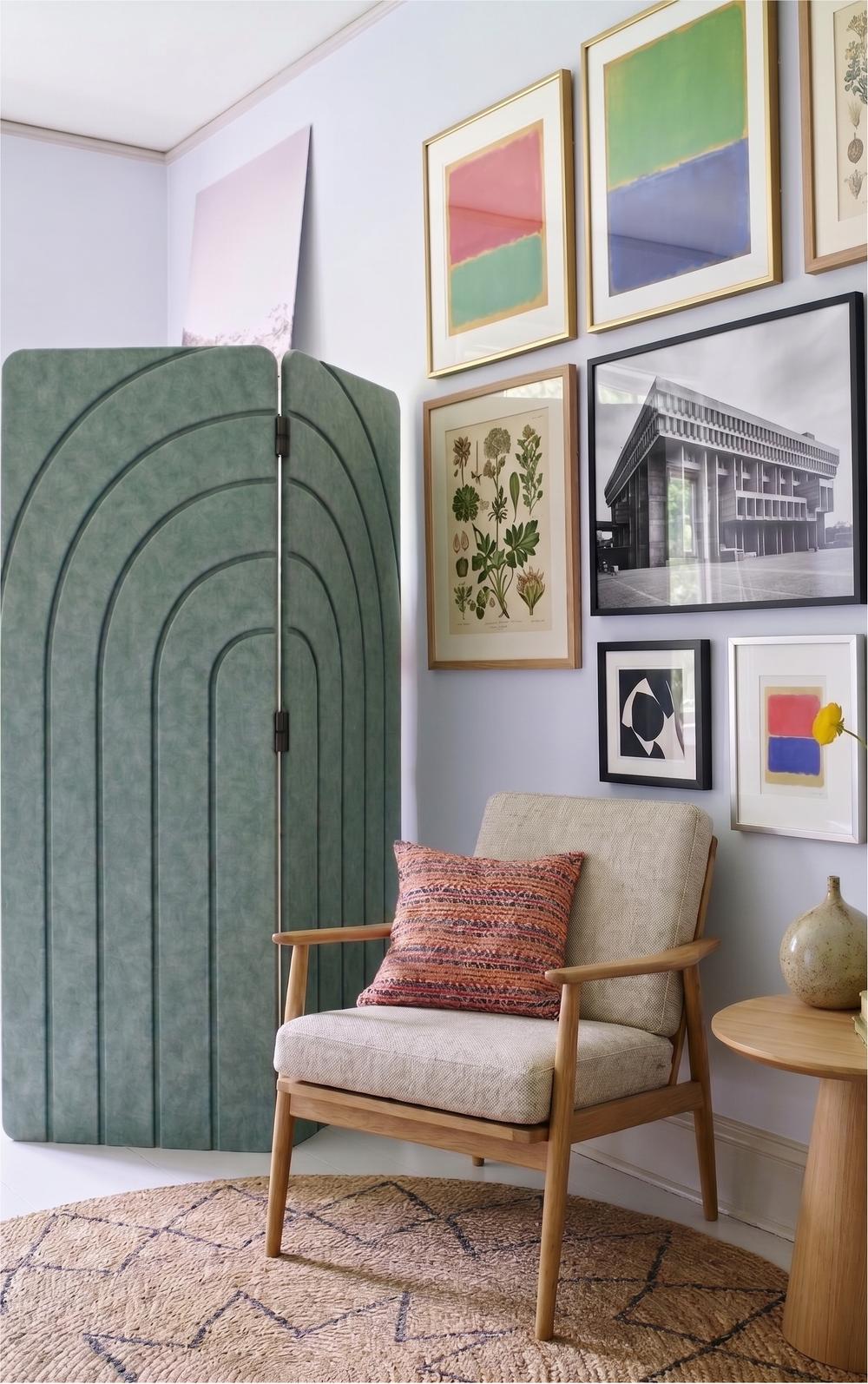 Sage green arches engraved folding room divider zoning a corner of a room
