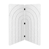 White PET felt two panel folding room divider with concentric arches engraved into the face