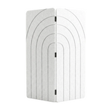 White two panel folding room divider in PET felt, part folded, arches engraving detail