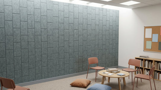 Brickwork engraved felt wall panels in Pewter Grey, in a community space