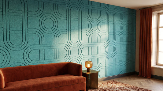 Chain engraved felt wall panels in Aqua Turquoise, in a hotel lounge