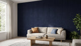 Chain engraved felt wall panels in Midnight Blue, on a living room wall