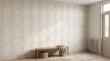 Chain engraved felt wall panels in Natural Cotton, along a hallway