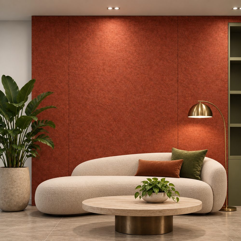 Cinnamon felt wall panels clad floor to ceiling behind a curved cream sofa and brass floor lamp in a lounge