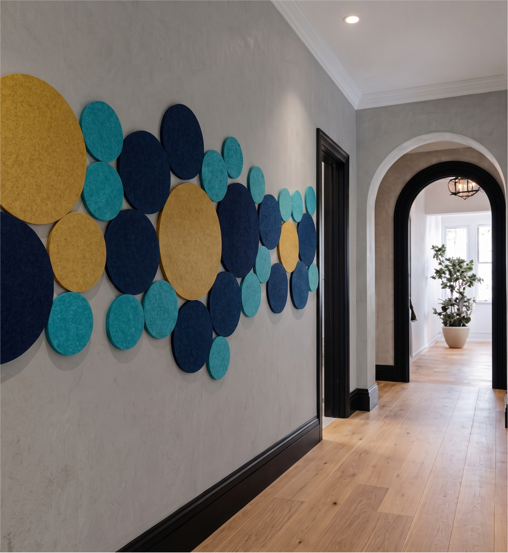 Round pet felt wall tiles arranged on a wall