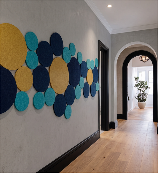Round pet felt wall tiles arranged on a wall