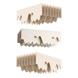 A ceiling raft made of PET felt compound wave acoustic panels, arranged in a fan-like stack on a plain white background.  Shown from 3 different angles.