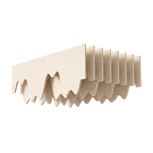 A ceiling raft made of PET felt compound wave acoustic panels, arranged in a fan-like stack on a plain white background.