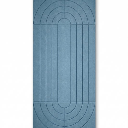 Blue rectangular mat with circular patterns on a white background