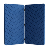 A foldable room divider with a textured chevron pattern, made from acoustic PET felt shown in a dark blue colour with black metal hinges, set against a plain white background.
