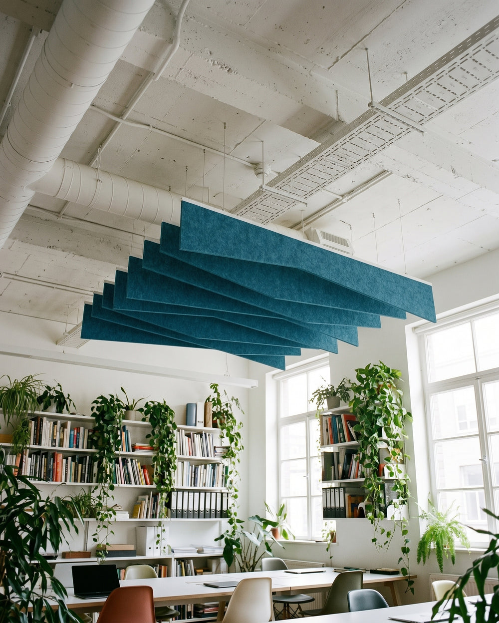 Crease felt ceiling baffles in Dragonfly over a library-style workspace