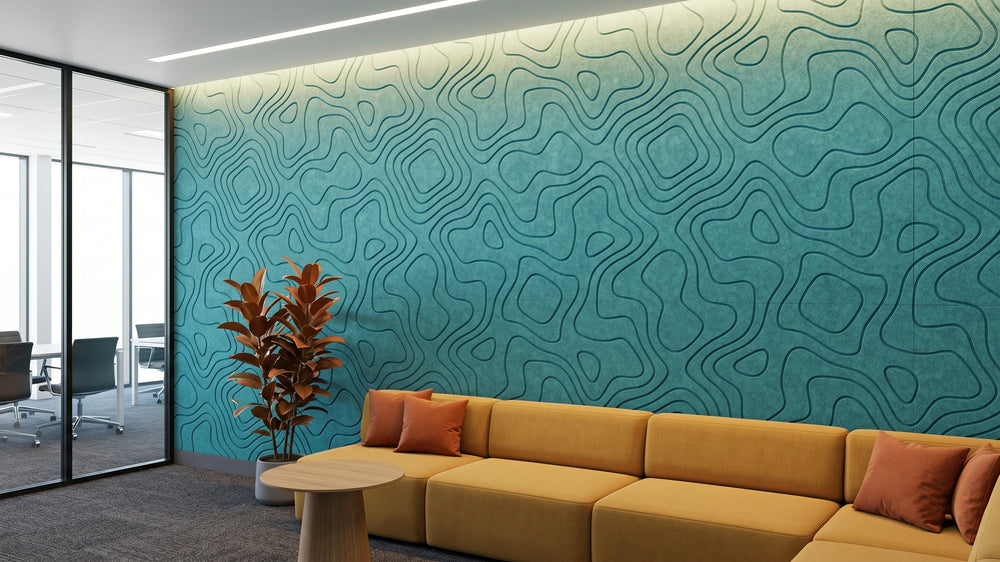 Current engraved felt wall panels in Aqua Turquoise, in an office