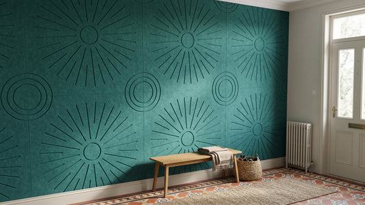 Deco engraved felt wall panels in Teal, along a hallway