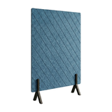 Blue textured panel with black stands on a white background