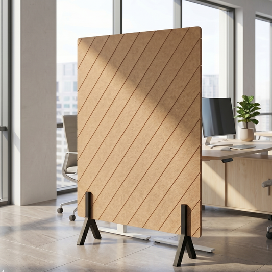Diagonal grooved freestanding room divider with wooden feet