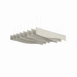 Drape acoustic ceiling baffle kit in Natural Cotton, eight wave-edged PET felt blades on silver rails