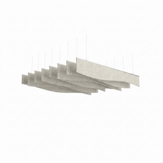 Drape acoustic ceiling baffle kit in Natural Cotton, eight wave-edged PET felt blades on silver rails