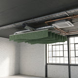 Drape felt ceiling baffles in Sea Green below exposed services in a warehouse-style room