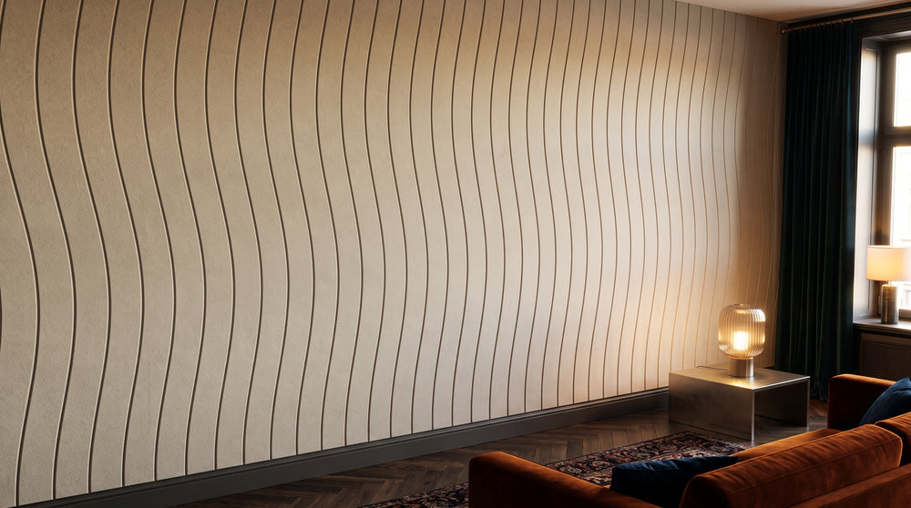 Drift engraved felt wall panels in Manilla Beige, in a hotel lounge