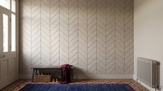 Feather engraved felt wall panels in Manilla Beige, in a hallway
