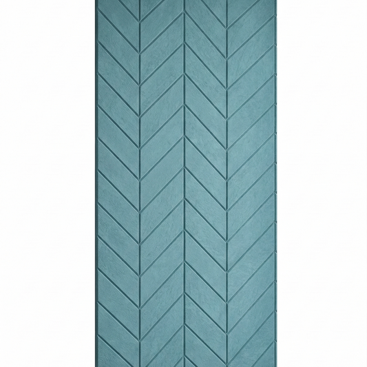 Teal decorative panel with a chevron pattern on a white background