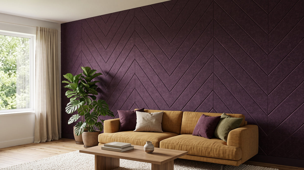 Herringbone engraved felt wall panels in Plum, on a living room wall