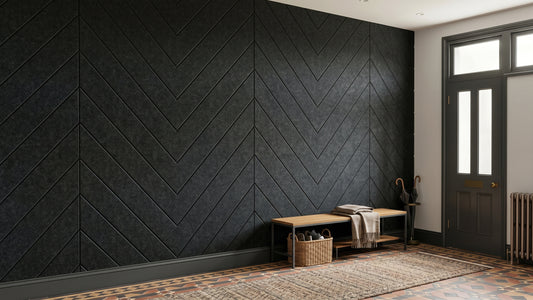 Herringbone engraved felt wall panels in Slate Marble, in a hallway