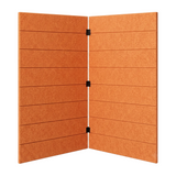A foldable 2 panel folding room divider with a textured orange PET felt, shown in a partially open position with three black metal hinges down the centre, isolated on a white background.