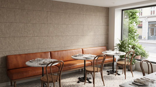 Horizontal engraved felt wall panels in Wheat, in a restaurant