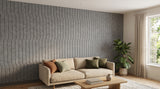 Jog engraved felt wall panels in Ash Grey, on a living room wall