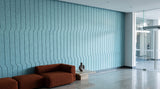 Jog engraved felt wall panels in Mermaid Blue, in a reception area