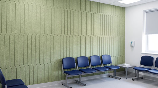 Jog engraved felt wall panels in Tea Green, in a healthcare waiting area