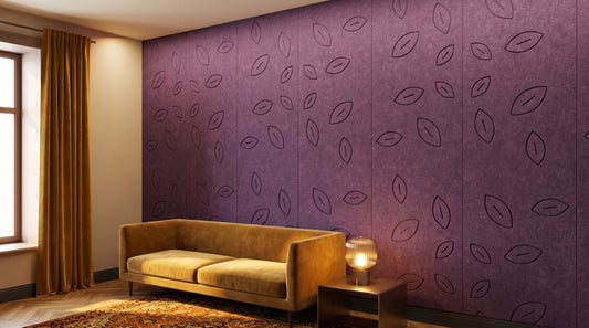 Leaf Fall engraved felt wall panels in Purple, in a hotel lounge