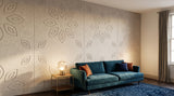 Lotus engraved felt wall panels in Manilla Beige, in a hotel lounge
