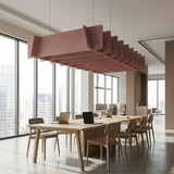 Modern office conference room with large windows, wooden table, and chairs.
