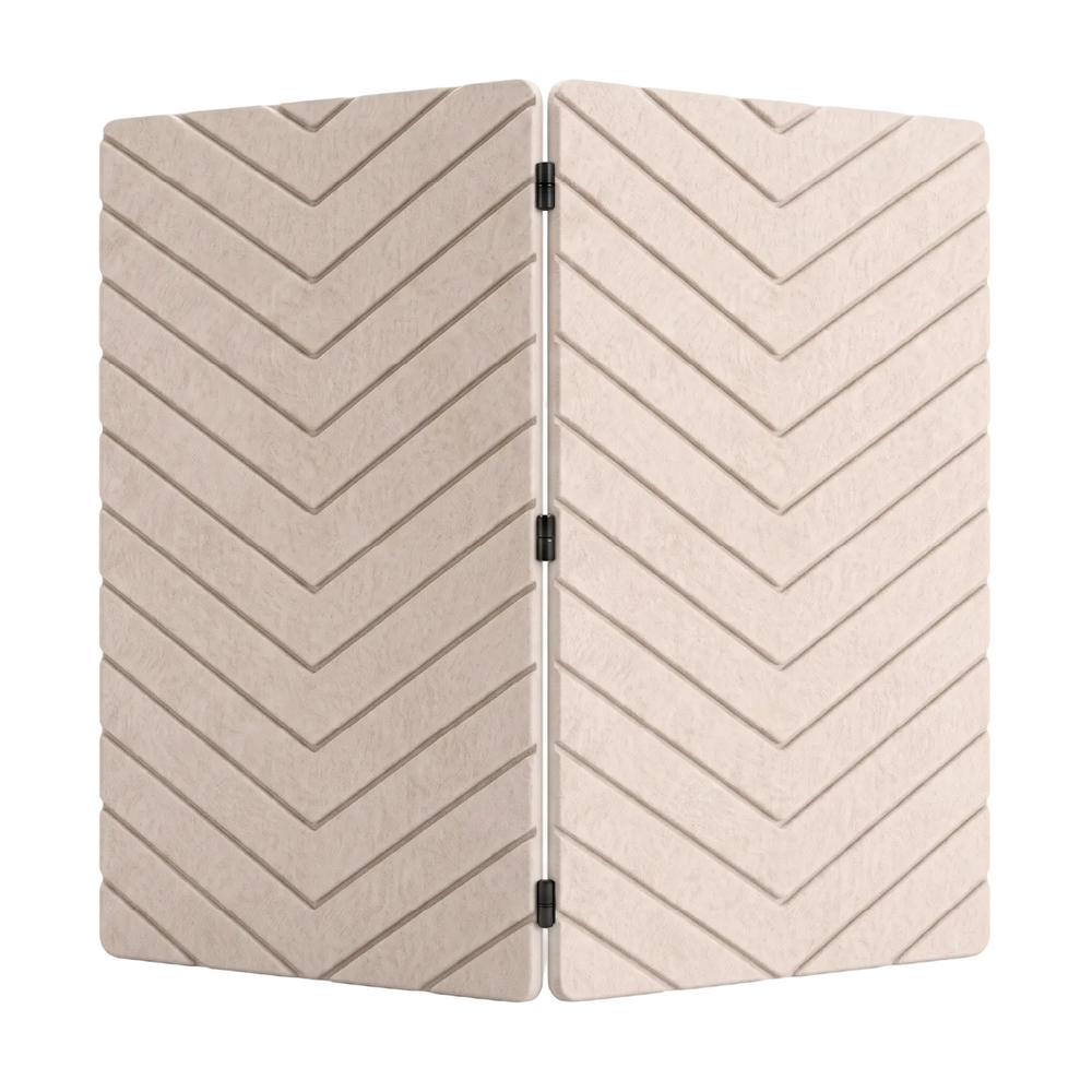 A acoustic 2 panel folding room divider made from PET felt with a textured chevron pattern, shown against a plain white background.