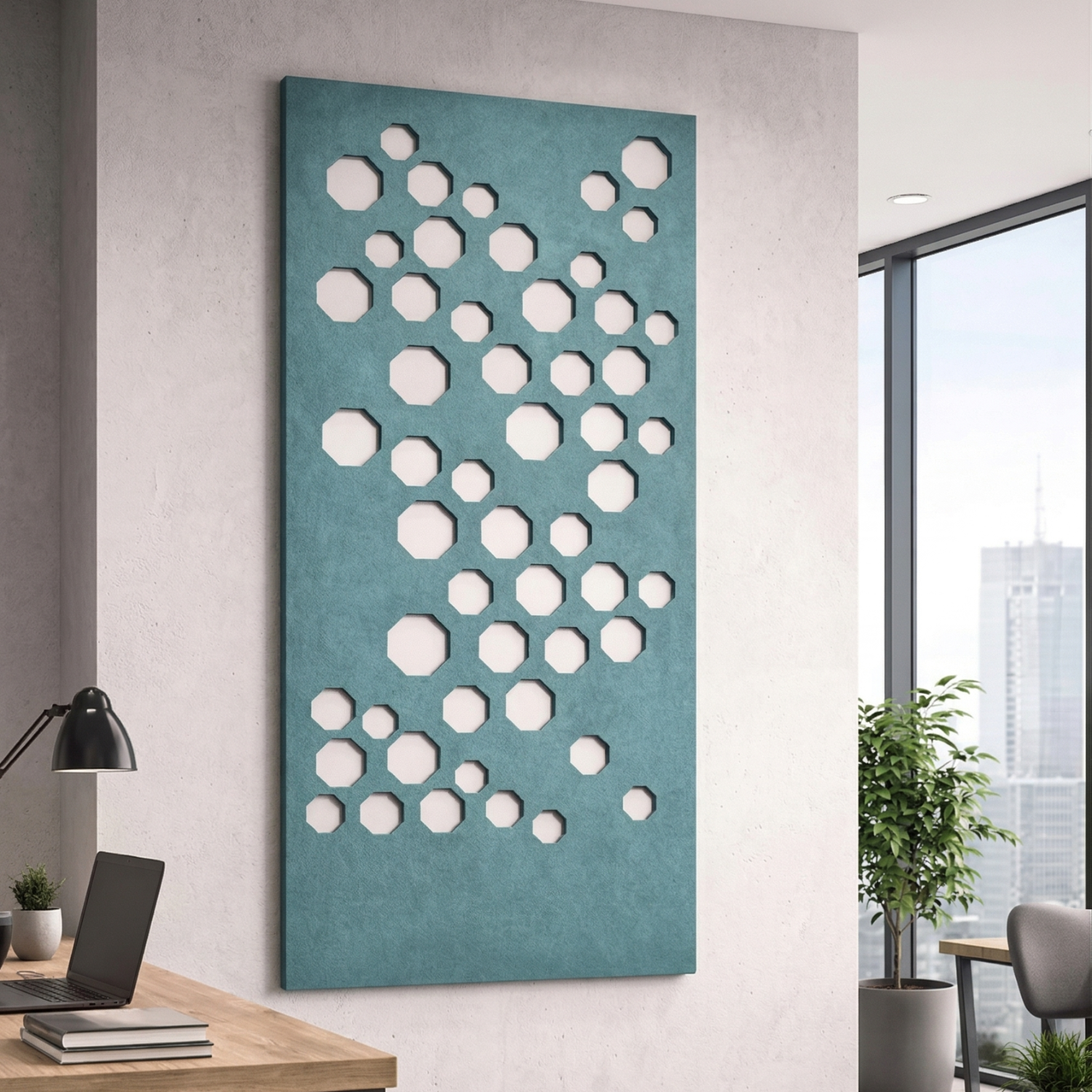 Modern office interior with a decorative wall panel featuring circular patterns.