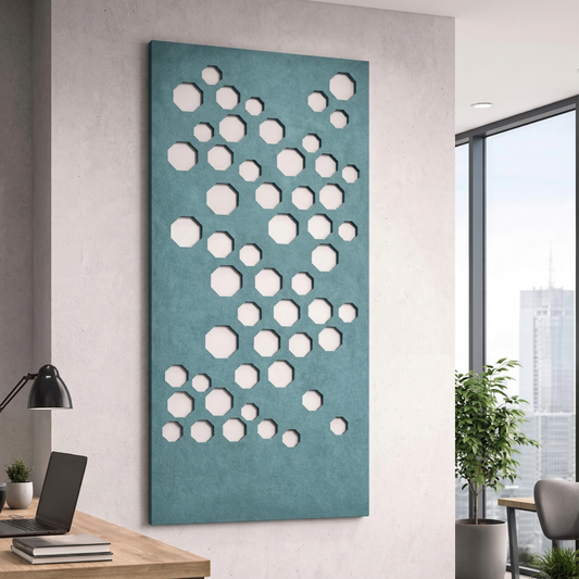Modern office interior with a decorative wall panel featuring circular patterns.
