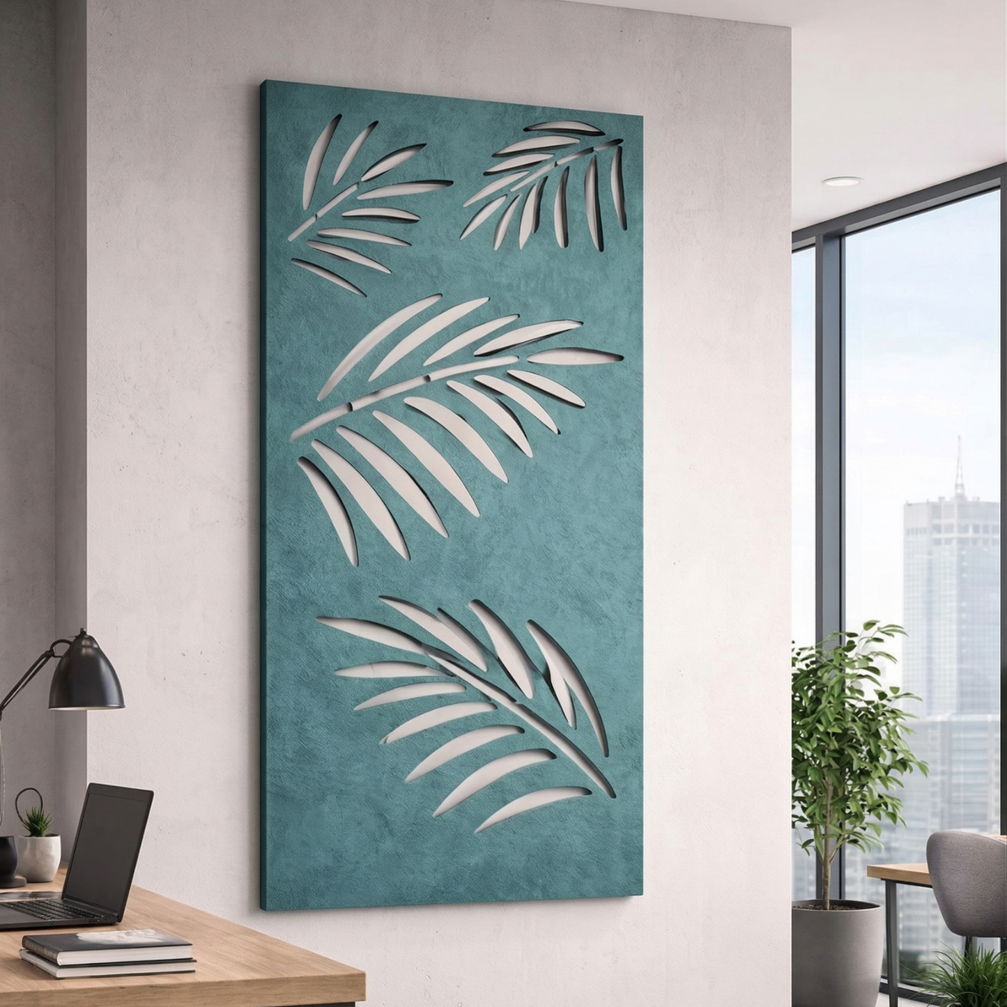 Modern office interior with a decorative wall panel featuring leaf patterns.