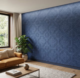 Quatrefoil engraved felt wall panels in Blue Jay, on a living room wall