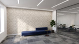 Quatrefoil engraved felt wall panels in Manilla Beige, in an office