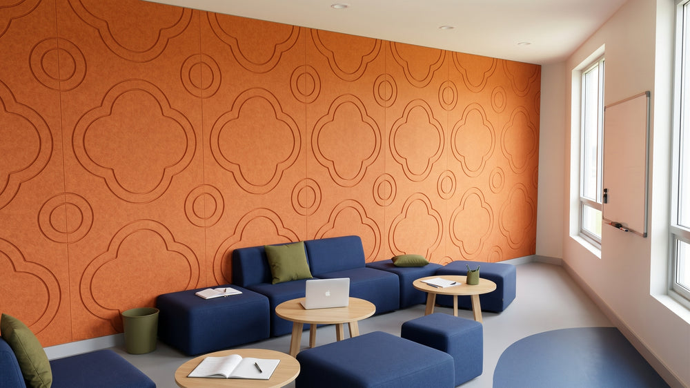 Quatrefoil engraved felt wall panels in Orange, in a school space