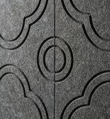 Quatrefoil engraved felt wall panels in Storm, close-up of the engraved grooves