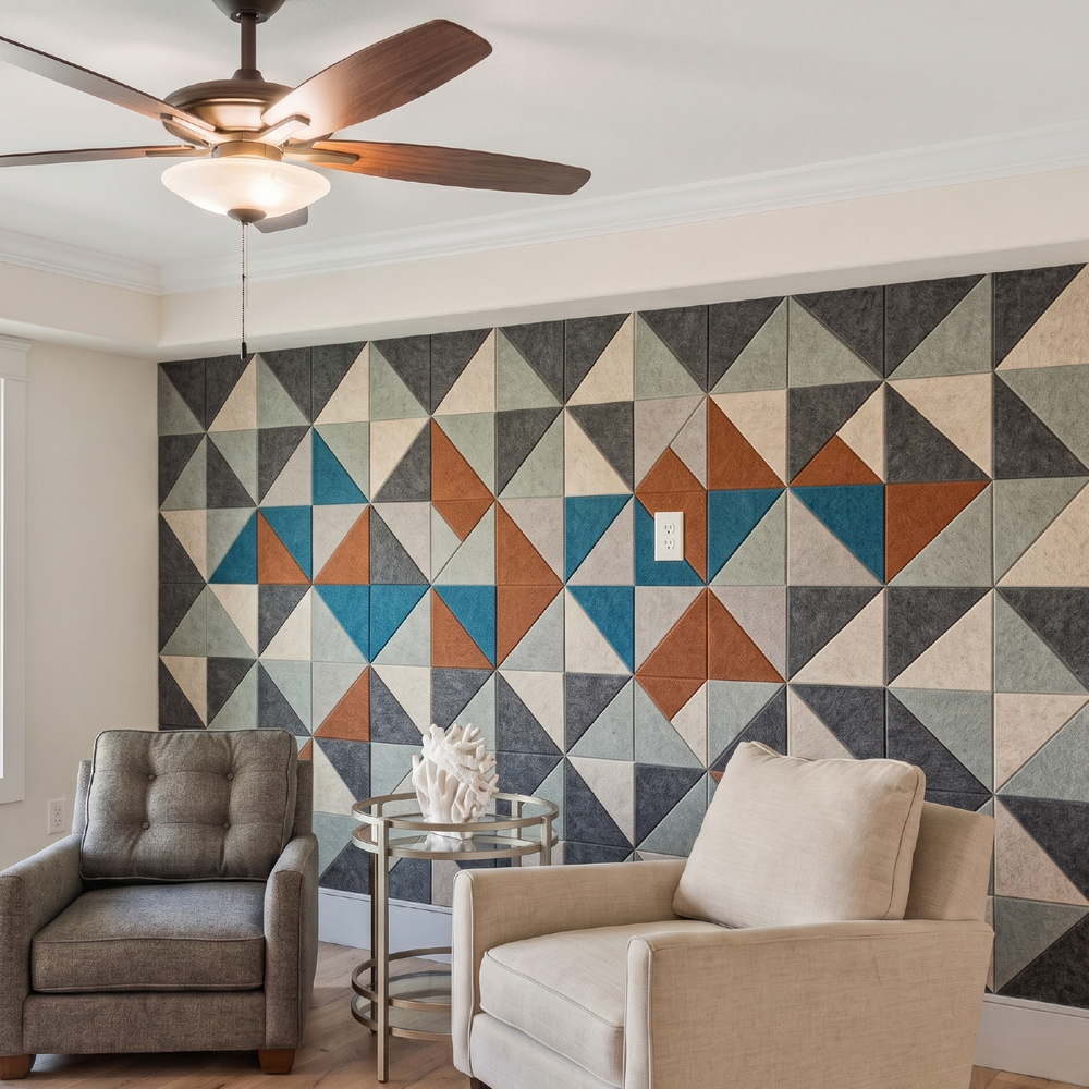 Right angle triangle acoustic PET felt tiles arranged as a geometric feature wall in a styled living room with two armchairs