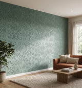 Rainfall engraved felt wall panels in Sage Green, on a living room wall