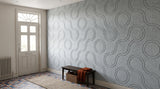 Ribbon engraved felt wall panels in Spring Grey, along a hallway