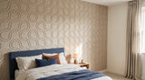 Ripple Weave engraved felt wall panels in Manilla Beige, behind a bed