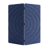 A dark blue PET felt room divider with concentric circle patterns and black hinges, shown on a white background.