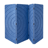 A four-panel folding screen made of blue felt fabric with a concentric circle target pattern, shown on a plain white background.