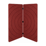 A red PET felt folding room divider, featuring concentric target-like circular patterns on both panels and black hinges at the center.